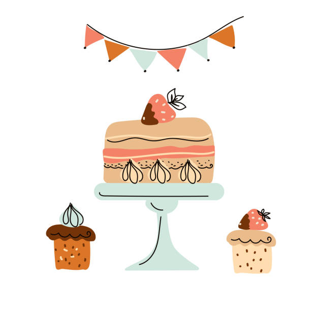 illustrazioni stock, clip art, cartoni animati e icone di tendenza di torta di compleanno e dessert in stand per torte, cartone animato scarabocchio disegnato a mano stile arte vettoriale. - tea party illustrations