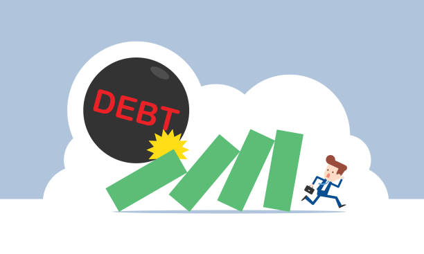 biznesmen ucieka przed efektem domina - domino despair finance debt stock illustrations