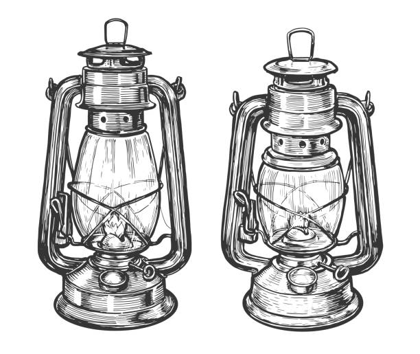 wektor szkicu lampy naftowej. lampion olejny narysowany w stylu vintage - oil lantern stock illustrations