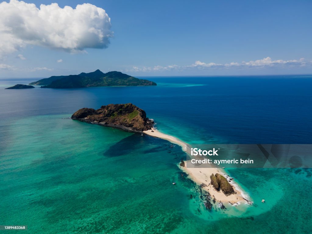 Beautiful drone aerial view of Mayotte lagoon, coral reef and island Mayotte Stock Photo