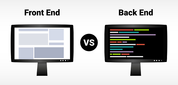 Front end vs back end or frontend vs backend – client-side and server-side. Web banner, web development, programming. Front end – visual interactive elements, Back end – a part that users cannot see.