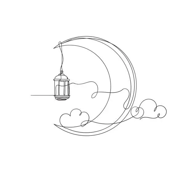 Vector illustration of continuous line drawing crescent moon and lantern illustration symbol vector