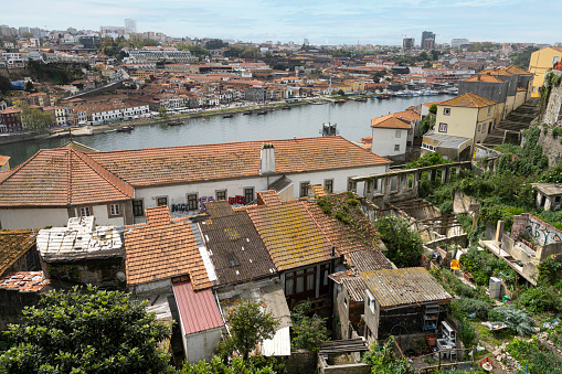 Porto, Portugal. March 2022.  panoramic view of the roofs of houses in the historic center of the city