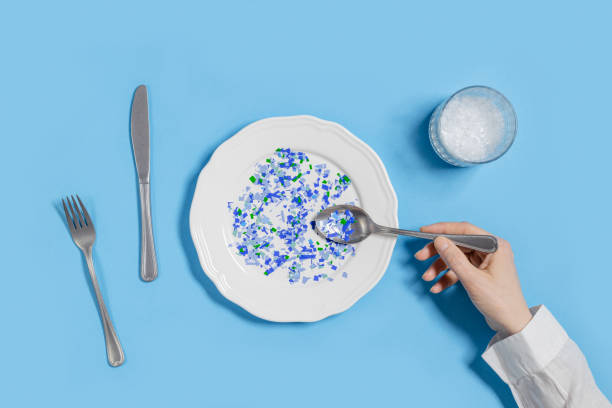 Plate with plastic pieces instead of food and glass of microplastics instead of water. Microplastic problem concept, ocean pollution ecology problem, environmental impact on nature, top view Plate with plastic pieces instead of food and glass of microplastics instead of water. Microplastic problem concept, ocean pollution ecology problem, environmental impact on nature, top view, flat lay microplastic stock pictures, royalty-free photos & images