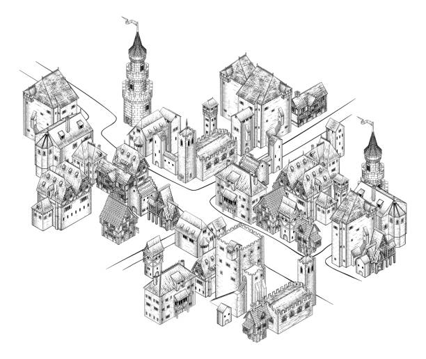 ilustraciones, imágenes clip art, dibujos animados e iconos de stock de mapa de la ciudad medieval scroll ilustración vintage - tudor style illustrations