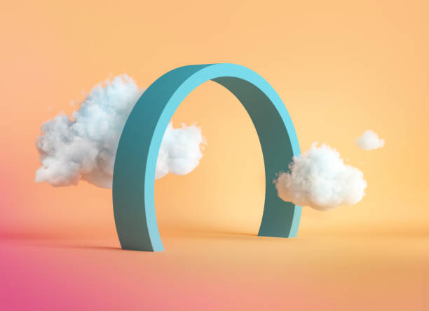 istock 3d render, abstract peachy background with blue round arch and white clouds. Modern minimal scene 1389486234