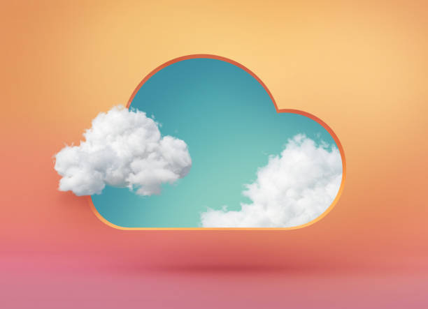 istock 3d render, abstract wallpaper, white clouds on blue sky inside the peachy geometric shape hole, isolated on peachy background. Weather concept, climate metaphor, optical illusion 1389486301