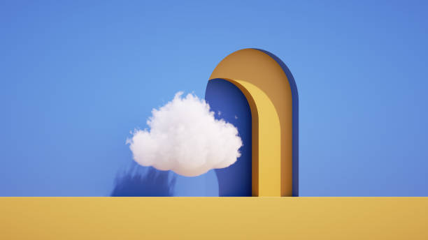 istock 3d render, minimal geometric background with white cloud, yellow arch and shadows on the blue wall. Abstract metaphor 1389486316