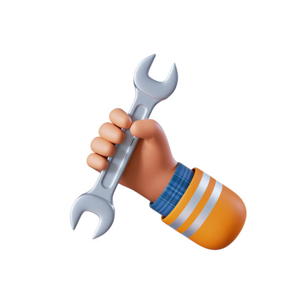 istock 3d render, cartoon human hand holds spanner wrench. Professional plumber or constructor with building tool. Construction icon. Renovation service clip art isolated on white background 1389486401