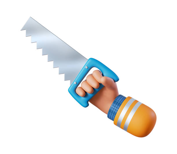 3d render, cartoon human hand holds jigsaw. Professional carpenter or woodworker with building tool. Construction icon. Renovation service clip art isolated on white background renderizado 3d, la mano humana de dibujos animados sostiene el rompecabezas. carpintero profesional o carpintero con herramienta de construcción. icono de construcción. servicio de renovación de imágenes prediseñadas aisladas sobre fondo blanco