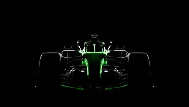 Generic green racecar (racing car) prototype, silhouette on black. Car of my own design, legal to use. Photorealistic render.