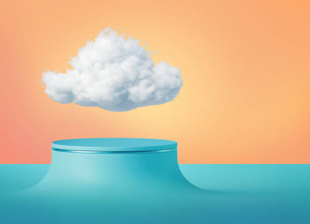 istock 3d render, abstract wallpaper, white clouds on blue sky inside the peachy geometric shape hole, isolated on peachy background. Weather concept, climate metaphor, optical illusion 1389486751