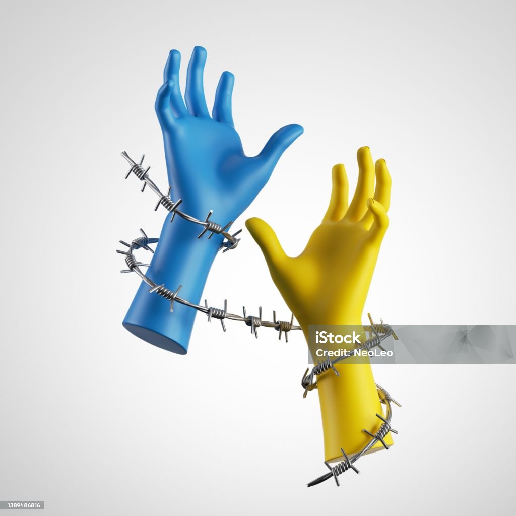3d render, human hands in blue yellow national ukrainian colors wrapped with barbwire, isolated on white background. Fight for freedom and peace in Ukraine Barbed Wire Stock Photo