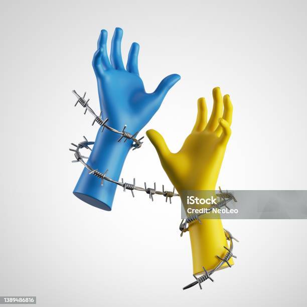 3d Render Human Hands In Blue Yellow National Ukrainian Colors Wrapped With Barbwire Isolated On White Background Fight For Freedom And Peace In Ukraine Stock Photo - Download Image Now