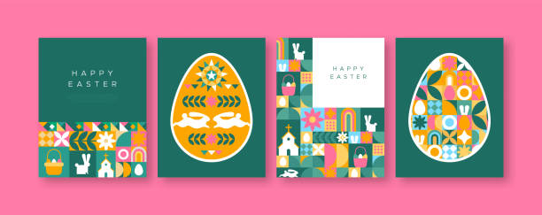 illustrations, cliparts, dessins animés et icônes de joyeux jeu de cartes en mosaïque folklorique de lapin de printemps de pâques - decoration eggs leaf easter