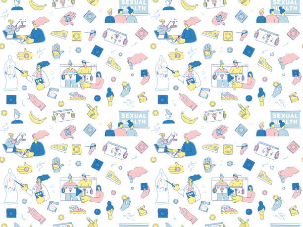 stockillustraties, clipart, cartoons en iconen met say yes to safe sex seamless pattern background icons set - anticonceptie
