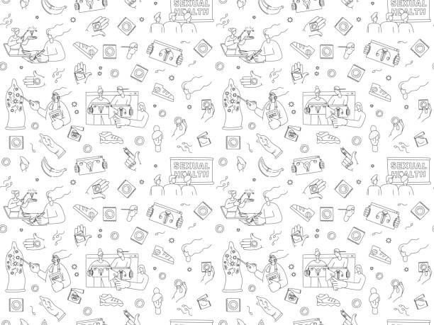 ilustrações, clipart, desenhos animados e ícones de say yes to safe sex seamless pattern background icons set - condom penis sex vector