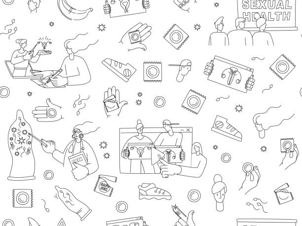 ilustrações, clipart, desenhos animados e ícones de say yes to safe sex seamless pattern background icons set - condom penis sex vector
