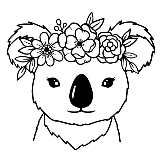 コアラの白黒手描きの肖像画。花輪のコアラ。花の冠。コアラの顔が並んでいます。 かわいい銃口コアラ。ポスター、tシャツ、ポストカードに適しています。 - koala australia animal isolated点のイラスト素材／クリップアート素材／マンガ素材／アイコン素材