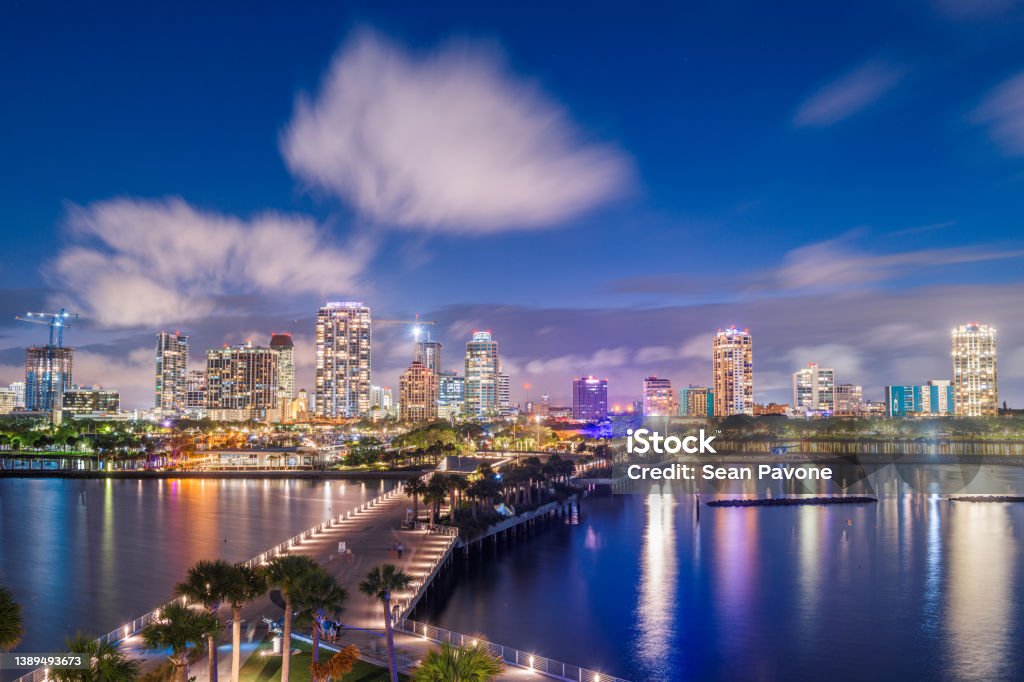 St. Petersburg, Florida, USA Downtown City Skyline From the Pier St. Petersburg, Florida, USA downtown city skyline from the pier at night. Florida - US State Stock Photo