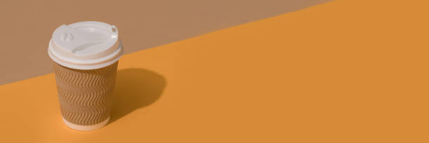 istock Banner with brown eco coffee cup with white plastic lid on orange and brown background with copy space 1389495997