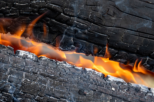 The hottest background. A fire blaze, heat and burning wood close-up.