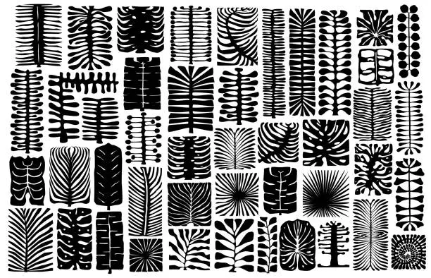 Vector illustration of abstract geometric foliage, wall art botanical square rectangle shapes plant leaves, silhouettes decoration elements in black color, isolated vector illustration design