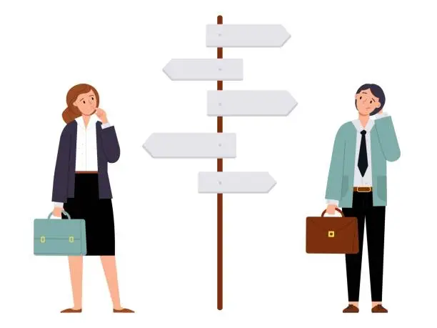 Vector illustration of Confused business people. Businessman stand near directions and choose road. Lost opportunities, woman man think and choice decent career path vector scene