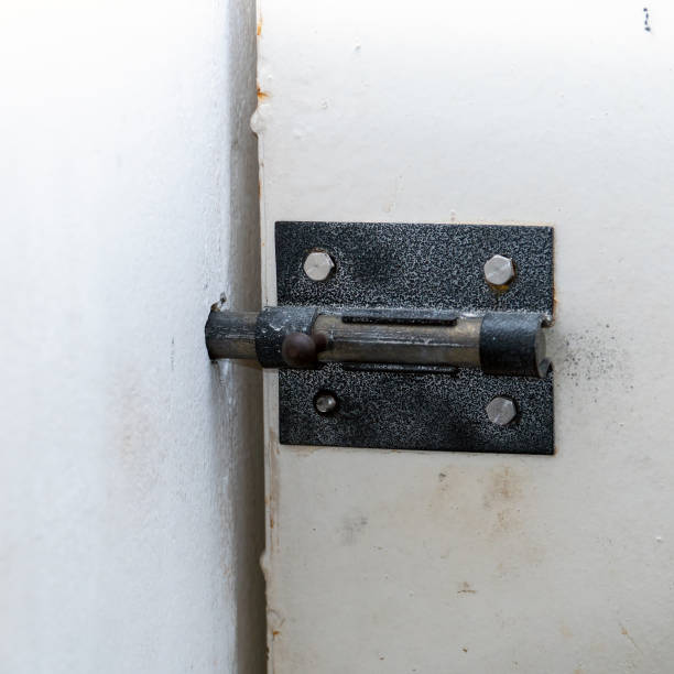 istock Steel latch on white entrance door 1389501677