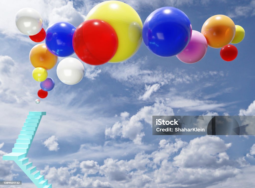 Staircase rising to colorful balloons staircase to colorful balloons on sky background Balloon Stock Photo