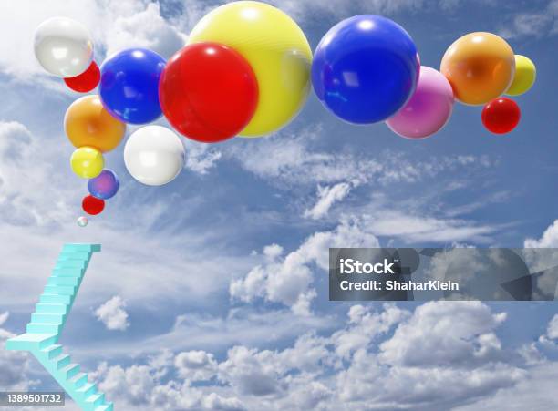 Staircase Rising To Colorful Balloons Stock Photo - Download Image Now - Balloon, Celebration, Cheerful