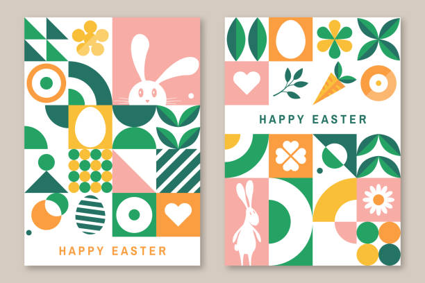 ilustrações de stock, clip art, desenhos animados e ícones de set of easter cards, posters, banners. vector illustration. collection of holiday icons. website decoration, graphic elements. holiday covers, greeting card. cartoon flat vector illustration isolated on gray background. - easter vector holiday design element