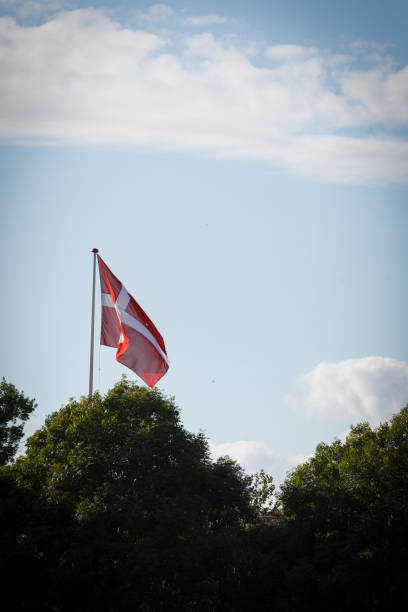 istock Low angle view of Danish flag waving against sky 1389503755