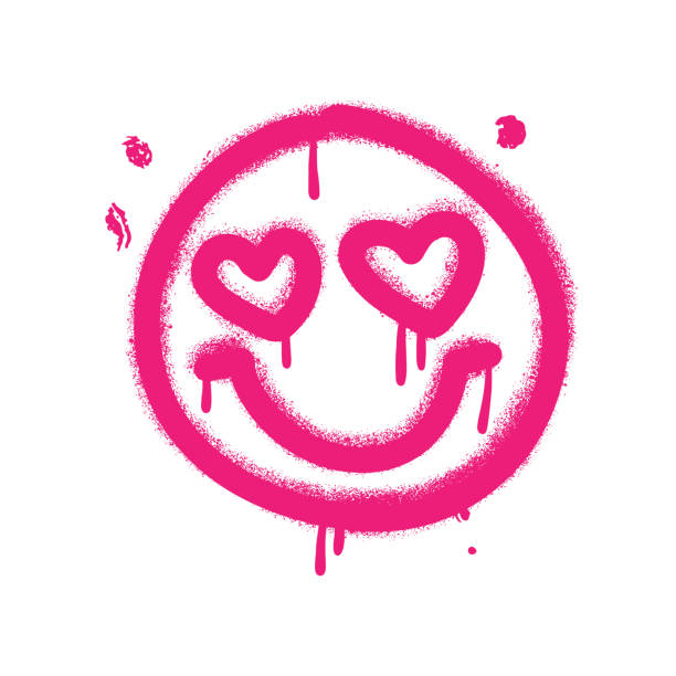 ilustrações de stock, clip art, desenhos animados e ícones de girlish graffiti emoticon. pink smiling face painted by spray paint. emoji with heart shaped eyes. vector hand drawn grunge illustration - vector love pink dirty