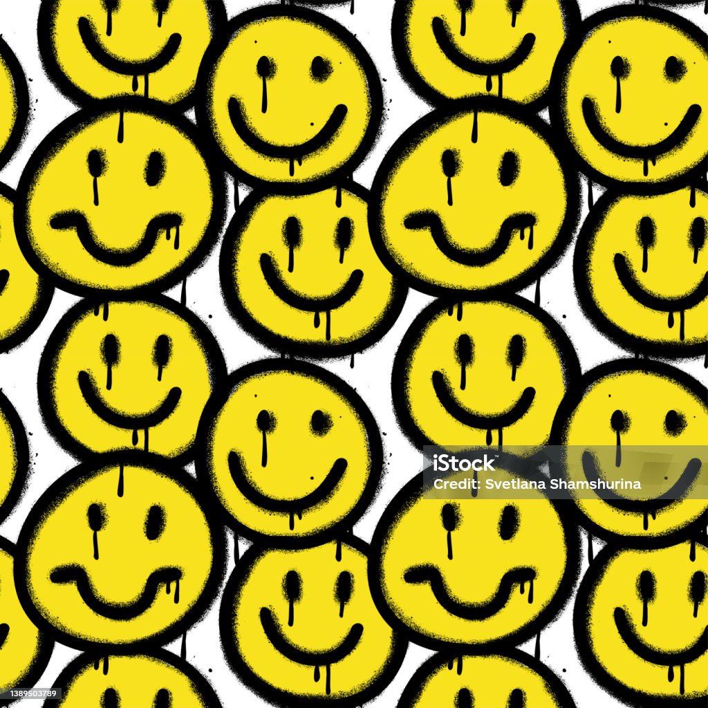 Seamless Pattern With Smile Emoji Trendy Endless Unique Wallpaper With  Yelow Emoticon Design Elements Graffiti Happy Sprayed Signs Textured Hand  Drawn Vector Illustration Of Street Wall Art Stock Illustration - Download  Image