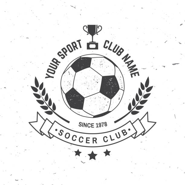 Soccer, football club badge design. Vector illustration. For college league football club sign, logo. Vintage monochrome label, sticker, patch with soccer ball silhouettes. vector art illustration
