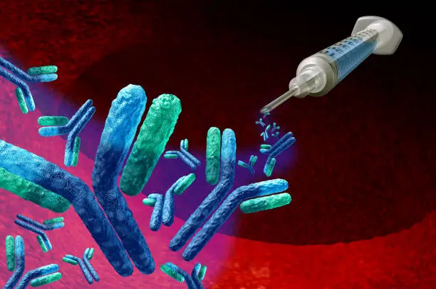 Monoclonal Antibody Treatment and therapies of  antibodies as a cure for virus infection as an immune system medical concept for oncology and pathology with as a 3D illustration.