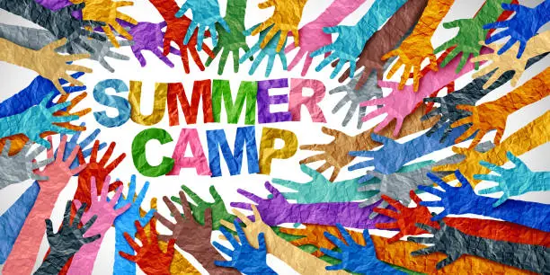 Summer Camp Community Education as a group of diverse hands joining together representing diversity and learning.