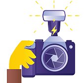 istock Photographer hands with camera flat illustration 1389505819