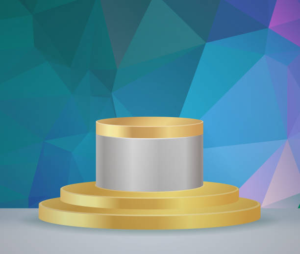 istock 3D vector abstract podium, pedestal, plaque, cylinder steps of a round gold frame. The concept of minimalistic layout, empty space and space. Mock Up. on blue background abstract polygon 1389506043