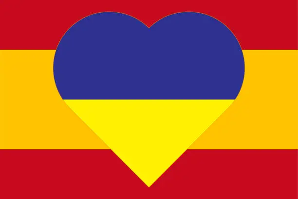 Vector illustration of A heart painted in the colors of the flag of Ukraine on the flag of Spain. Illustration of a blue and yellow heart on the national symbol.