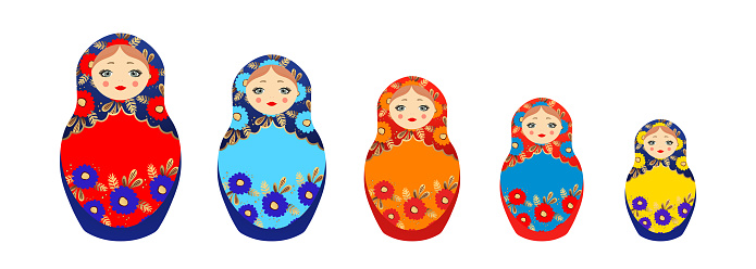 Russian Matryoshka. Traditional Russian folklore dolls with big eyes and lips. Babushka doll with hohloma, traditional painted floral pattern. Set with hand drawn vector illustration.