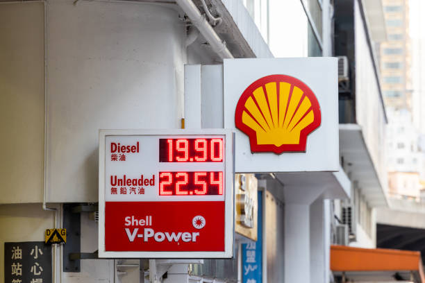 Hong Kong - April 4, 2022 : Price board for diesel and unleaded are displayed at the Shell petrol station is seen in Hong Kong.