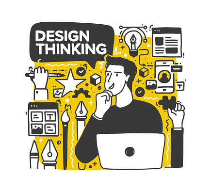 Design thinking concept. A young man with design thinking icons. Hand drawn doodle design.