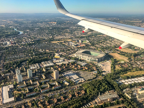 London, England - August 2018: Twickenham Stadium and the surrounding residential area seen from a place about to land in London