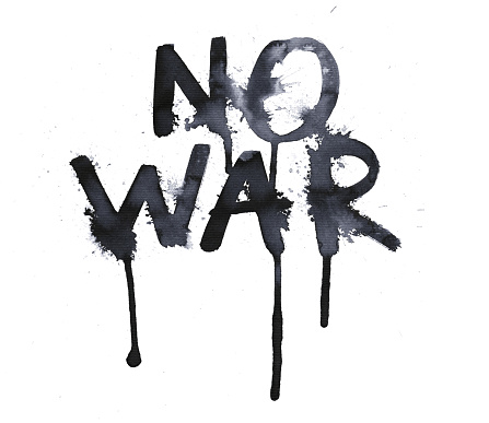 NO WAR tekst carelessly painted by hand by black ink on white watercolor paper - messy illustration in vector with visible splashes of paint and stains - handwritten text full of emotions