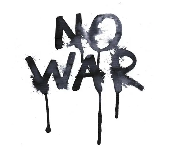Vector illustration of NO WAR tekst carelessly painted by hand by black ink on white watercolor paper - messy illustration in vector with visible splashes of paint and stains - handwritten text full of emotions