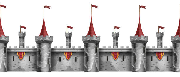 istock Seamless stone castle wall, old brick tower red flag on white, vector gray medieval fortress border. 1389521147