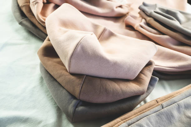 Elements and details of knitwear in different colors close-up. Selective focus stock photo