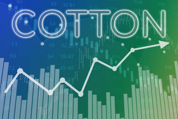 istock Word Cotton on blue and green finance background from graphs, charts. Trend Up and Down. Financial market concept 1389523344